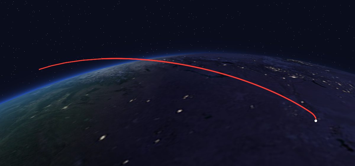 Progress M1-6: the flight path in 3D, from the pad to orbit, seen from space
