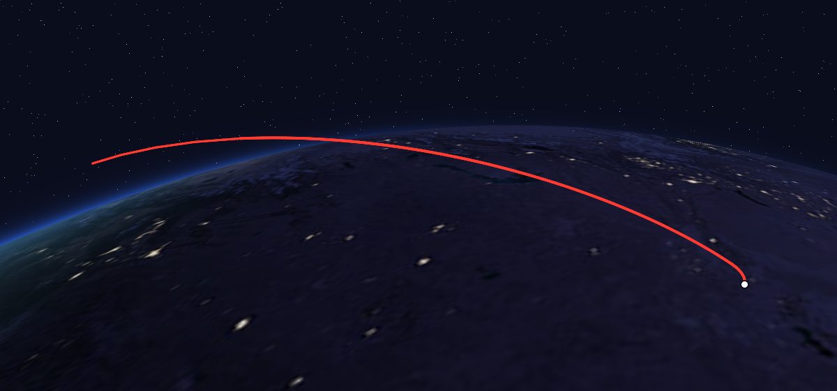 Progress M-19: the flight path in 3D, from the pad to orbit, seen from space