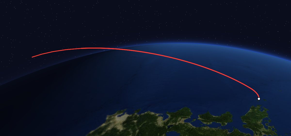 Yuri 2B: the flight path in 3D, from the pad to orbit, seen from space
