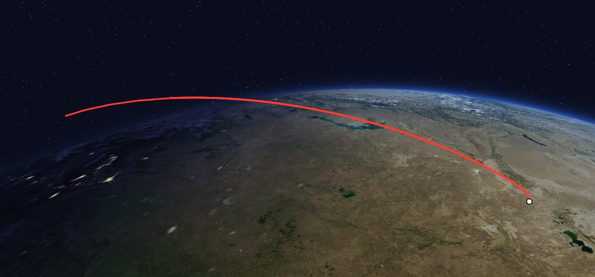 Yantar-2K 28: the flight path in 3D, from the pad to orbit, seen from space