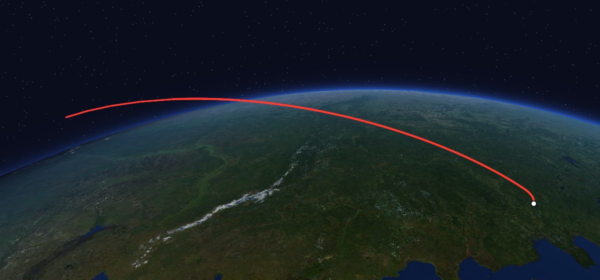Zenit-4MK 77: the flight path in 3D, from the pad to orbit, seen from space