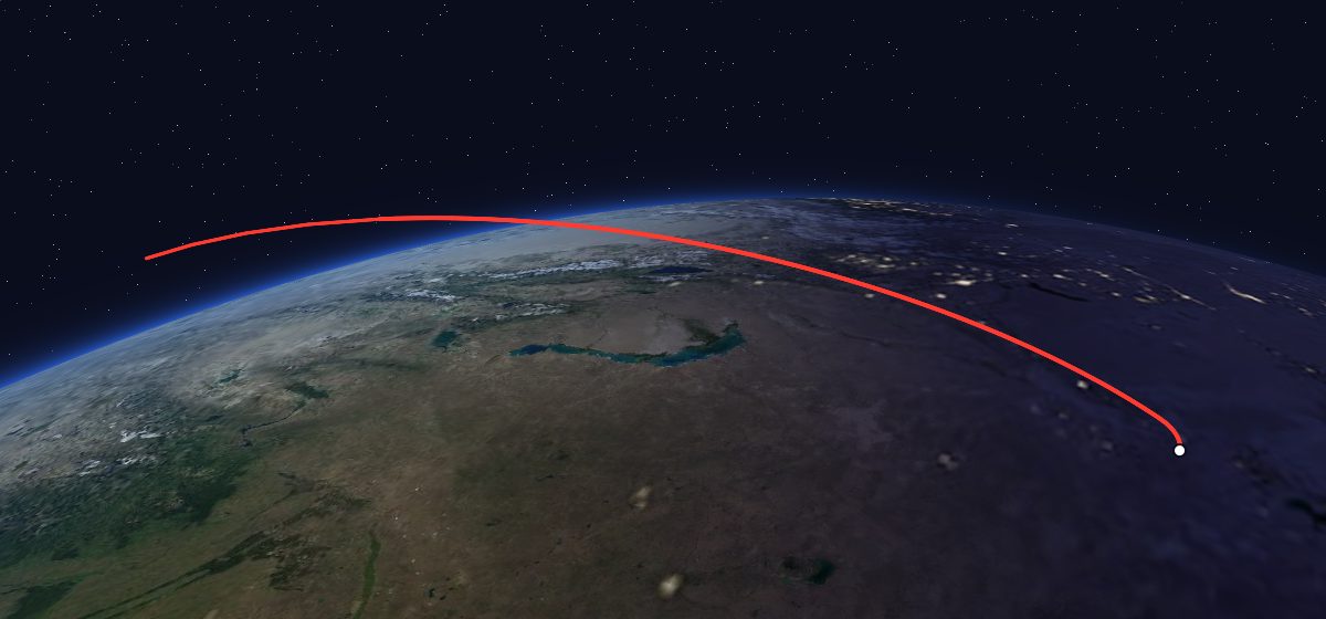 Kosmos 670: the flight path in 3D, from the pad to orbit, seen from space