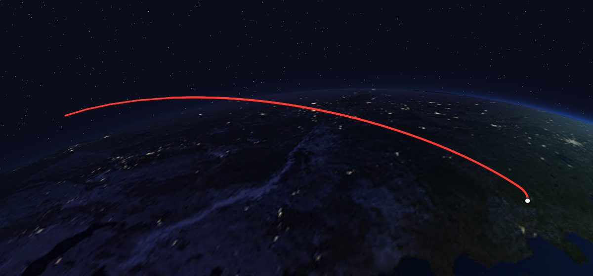 Yantar-2K 27: the flight path in 3D, from the pad to orbit, seen from space