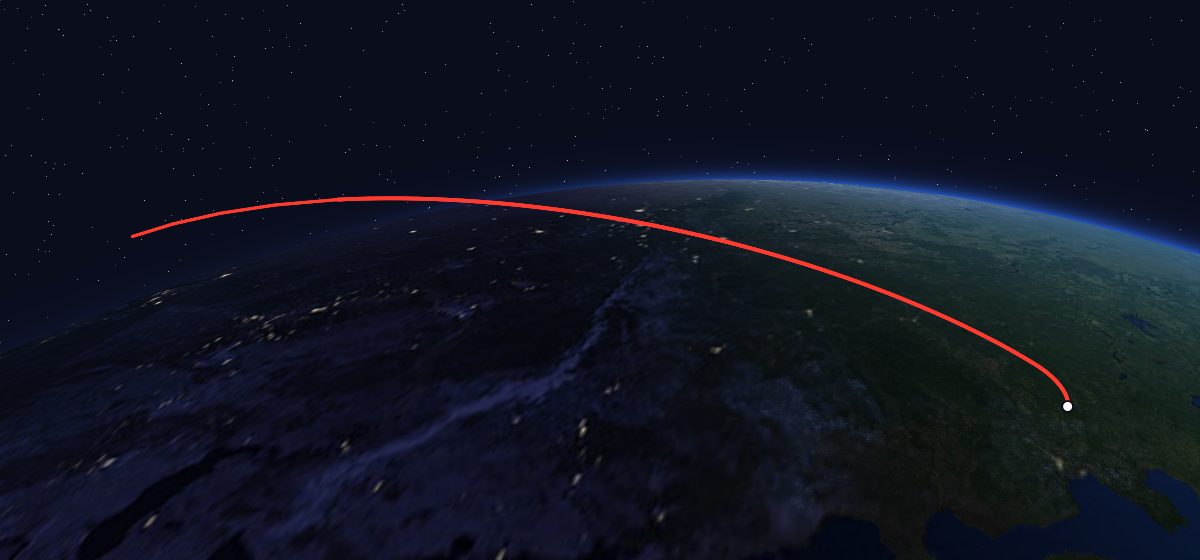 Okean-E 1: the flight path in 3D, from the pad to orbit, seen from space