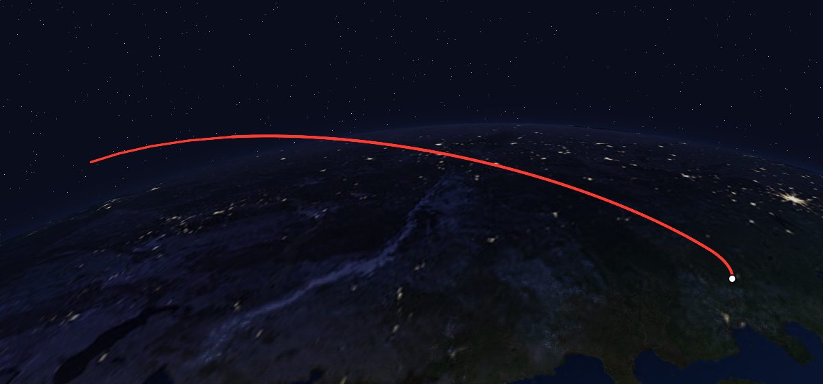 Molniya-3 16L: the flight path in 3D, from the pad to orbit, seen from space