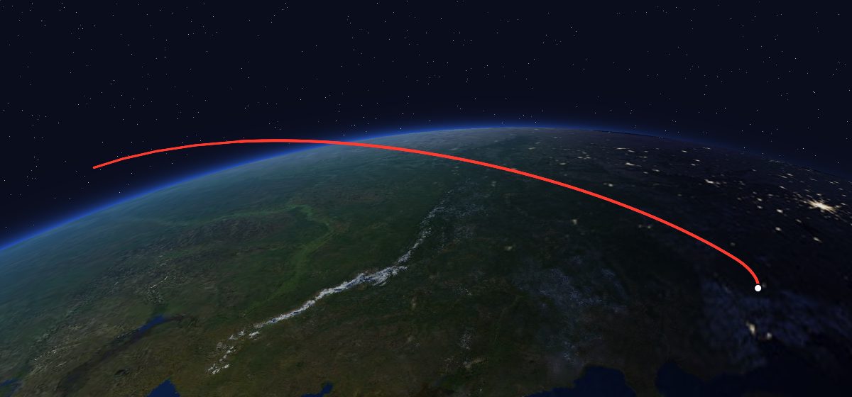 US-K 6: the flight path in 3D, from the pad to orbit, seen from space