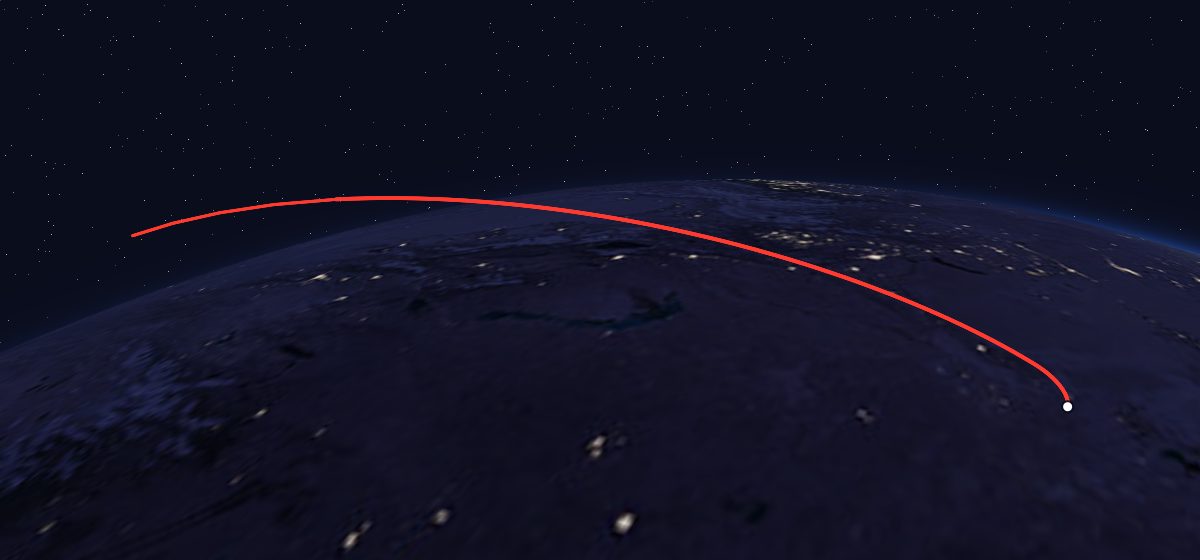 Molniya-1K 52: the flight path in 3D, from the pad to orbit, seen from space