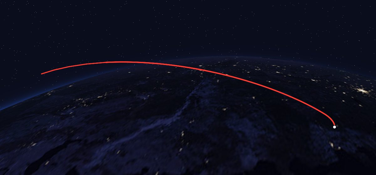 Tselina-D 17: the flight path in 3D, from the pad to orbit, seen from space