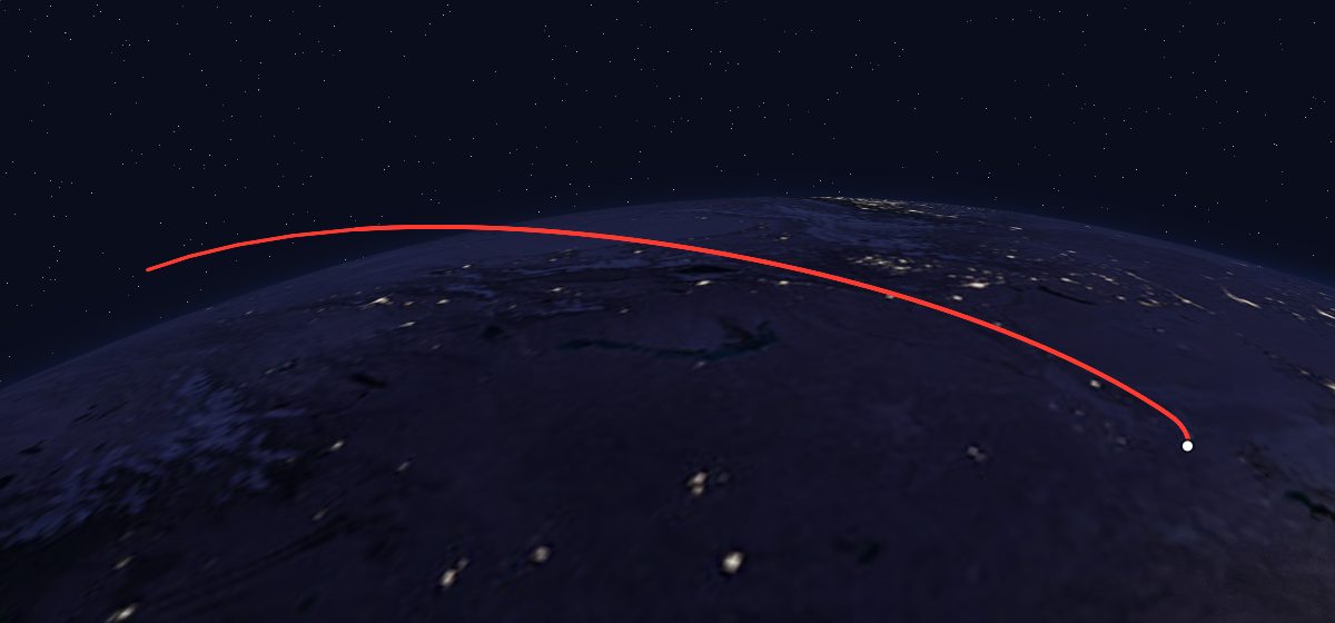 Uragan 57 to 59: the flight path in 3D, from the pad to orbit, seen from space