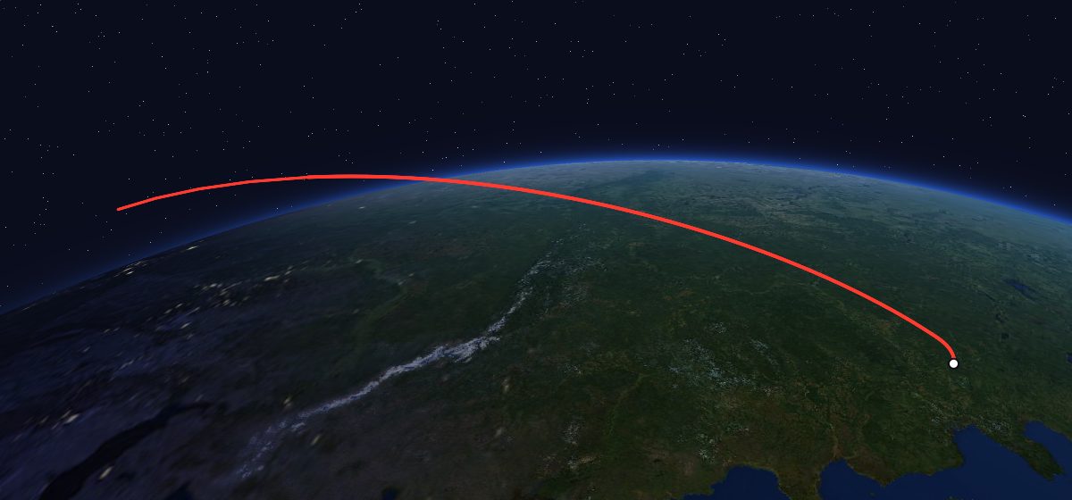 Zenit-4MKM 28: the flight path in 3D, from the pad to orbit, seen from space
