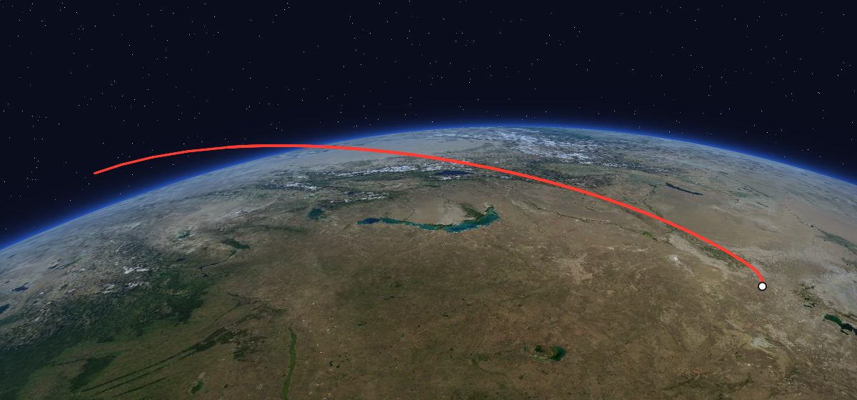 Raduga 29: the flight path in 3D, from the pad to orbit, seen from space