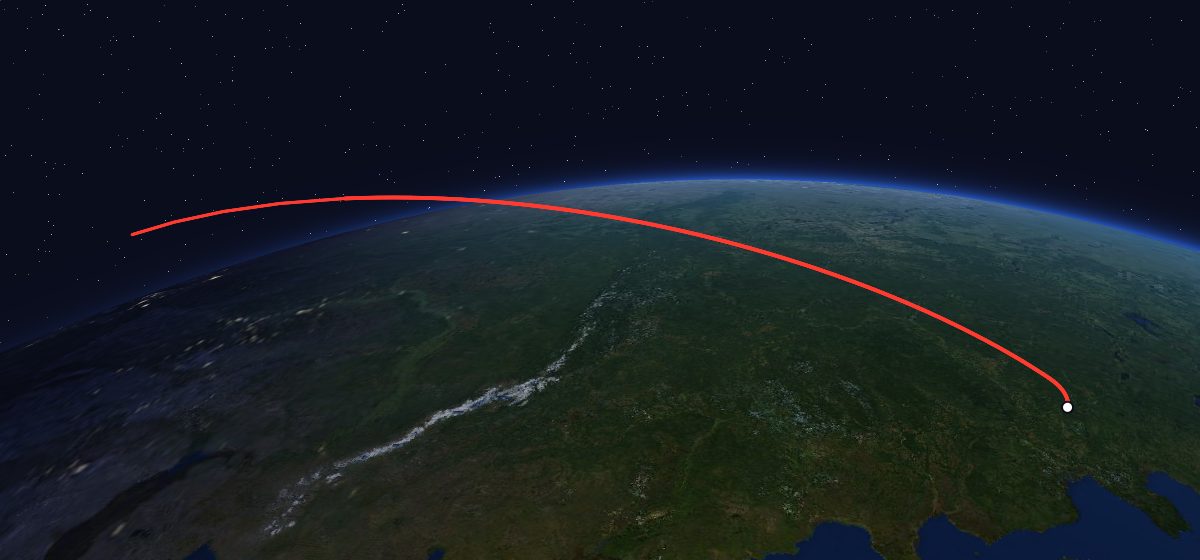 Zenit-4MK 14: the flight path in 3D, from the pad to orbit, seen from space