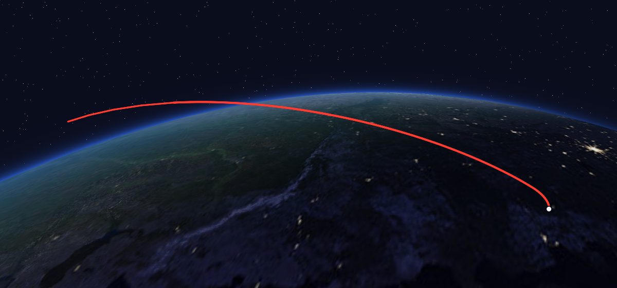 Molniya-1K 48: the flight path in 3D, from the pad to orbit, seen from space