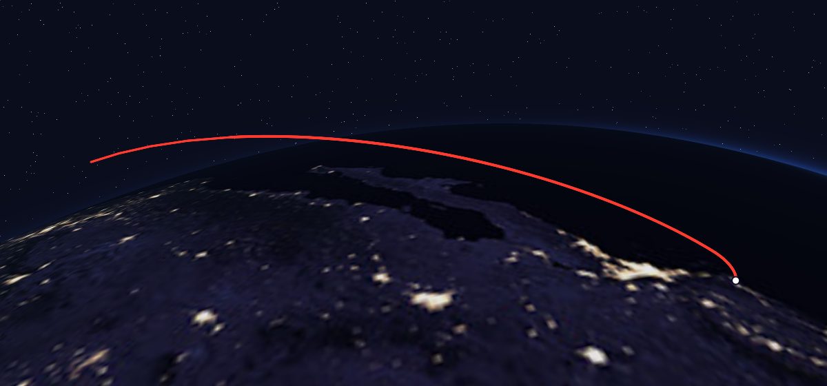 Onyx 3: the flight path in 3D, from the pad to orbit, seen from space