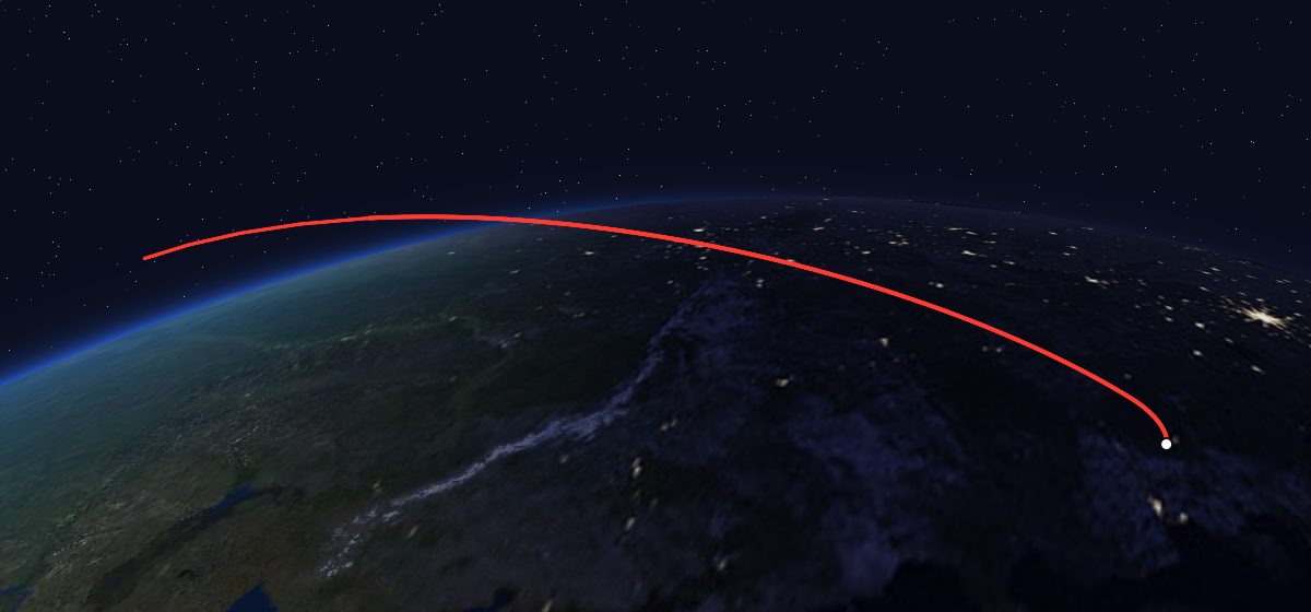 US-K 12: the flight path in 3D, from the pad to orbit, seen from space