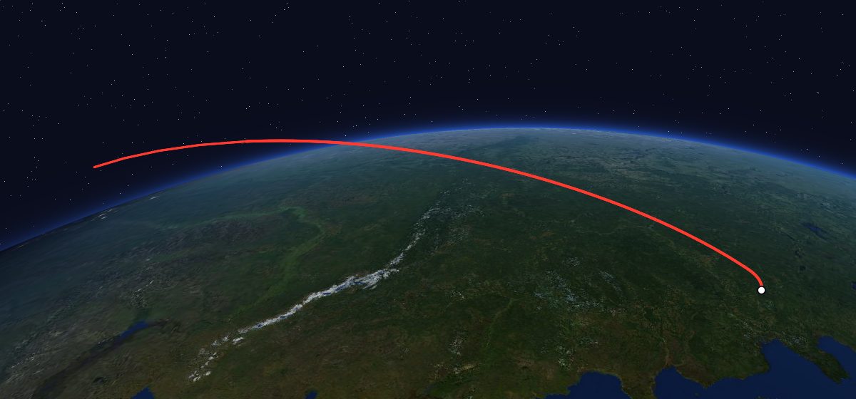 Zenit-4MT 10: the flight path in 3D, from the pad to orbit, seen from space