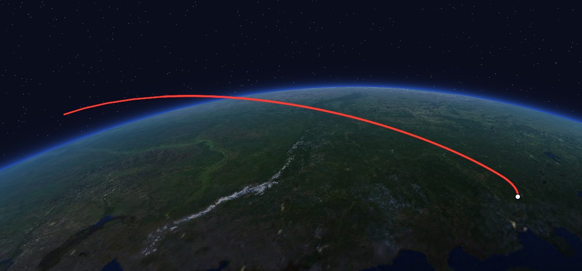 Okean-E 2: the flight path in 3D, from the pad to orbit, seen from space