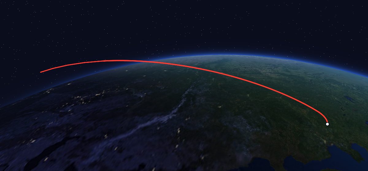 Geo-IK 1: the flight path in 3D, from the pad to orbit, seen from space