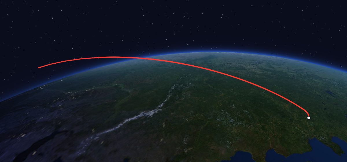 Zenit-4MT 7: the flight path in 3D, from the pad to orbit, seen from space