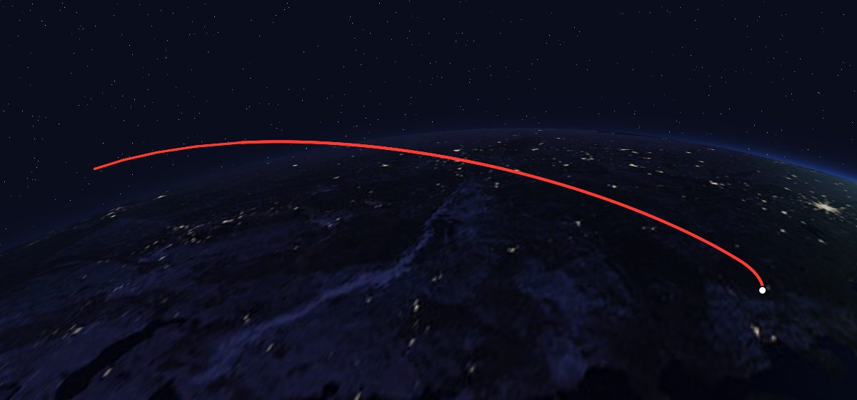 Molniya-3 34L: the flight path in 3D, from the pad to orbit, seen from space