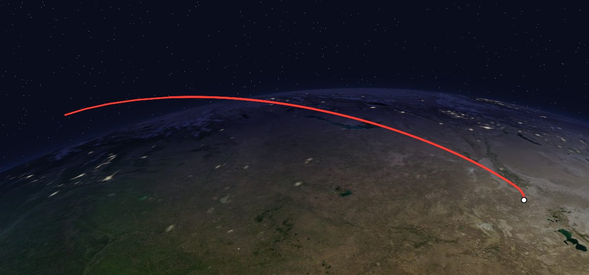 Progress M-57: the flight path in 3D, from the pad to orbit, seen from space