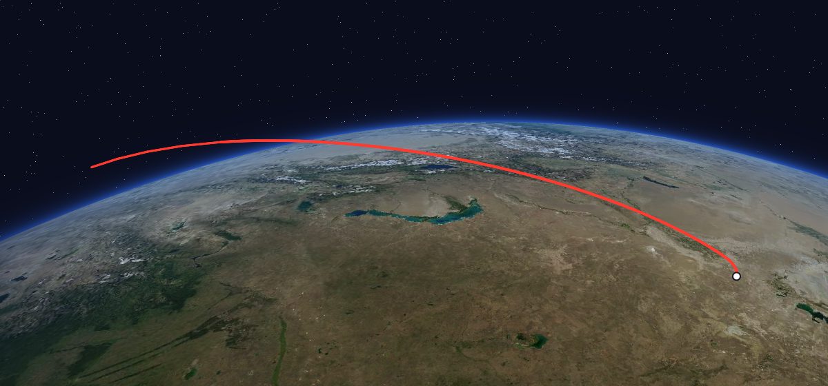 Gals 1: the flight path in 3D, from the pad to orbit, seen from space