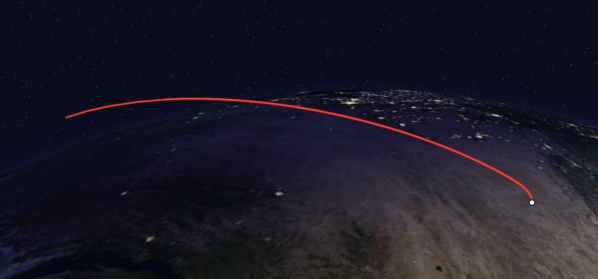 JSSW 3: the flight path in 3D, from the pad to orbit, seen from space