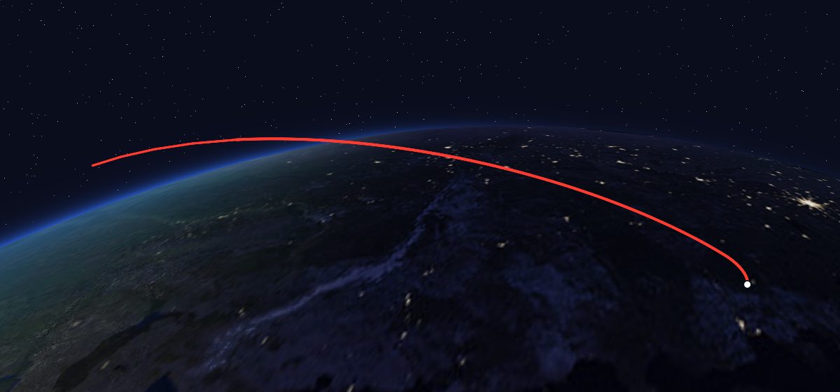 Tselina-D 13: the flight path in 3D, from the pad to orbit, seen from space