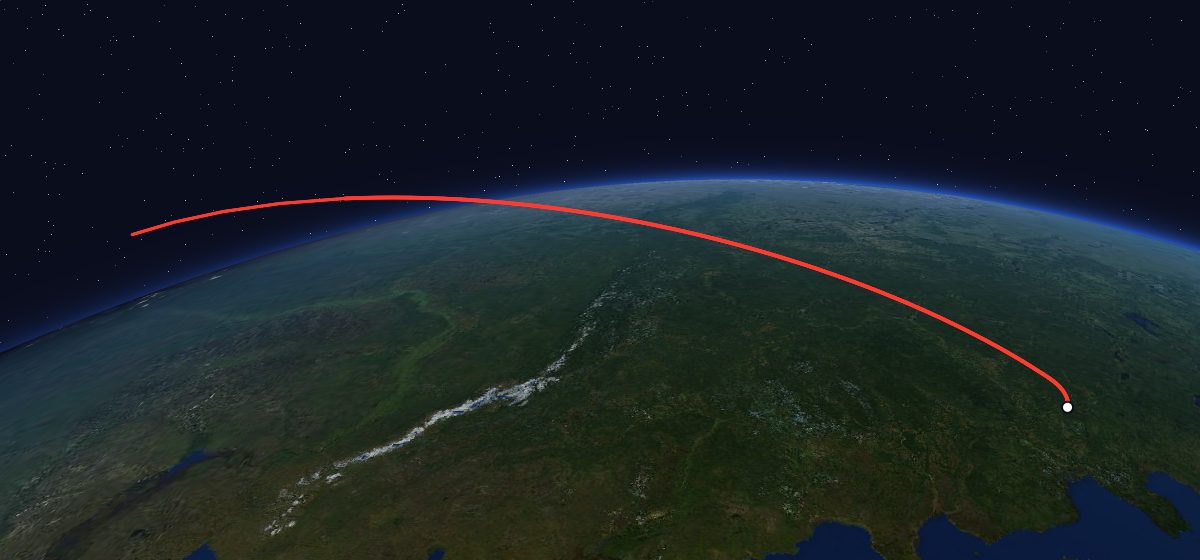 Yantar-2K 26: the flight path in 3D, from the pad to orbit, seen from space