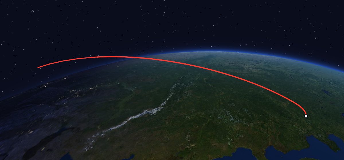 Aureole 3: the flight path in 3D, from the pad to orbit, seen from space