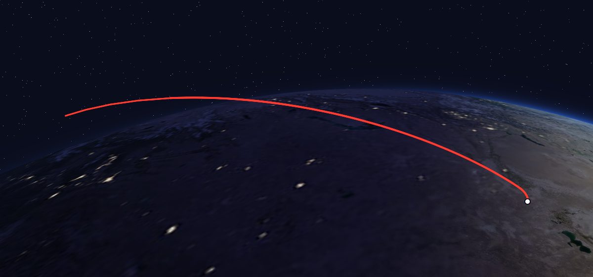 Orlets-1 4: the flight path in 3D, from the pad to orbit, seen from space