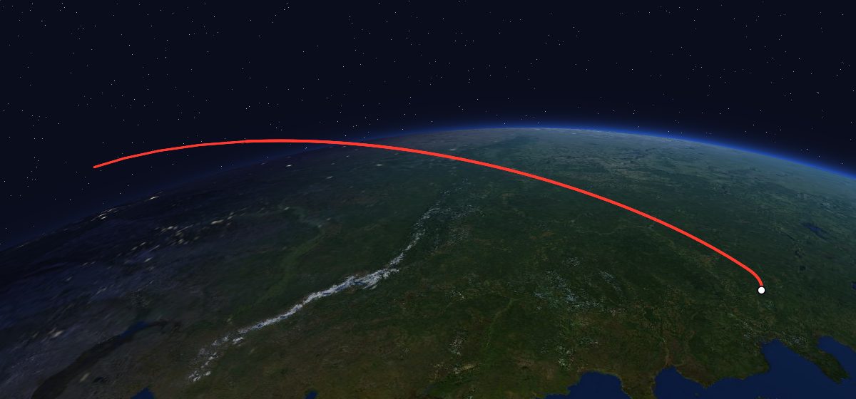 Yantar-2K 25: the flight path in 3D, from the pad to orbit, seen from space