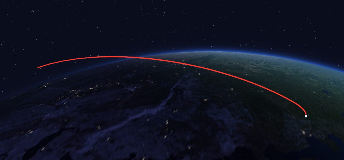 Molniya-2 8: the flight path in 3D, from the pad to orbit, seen from space