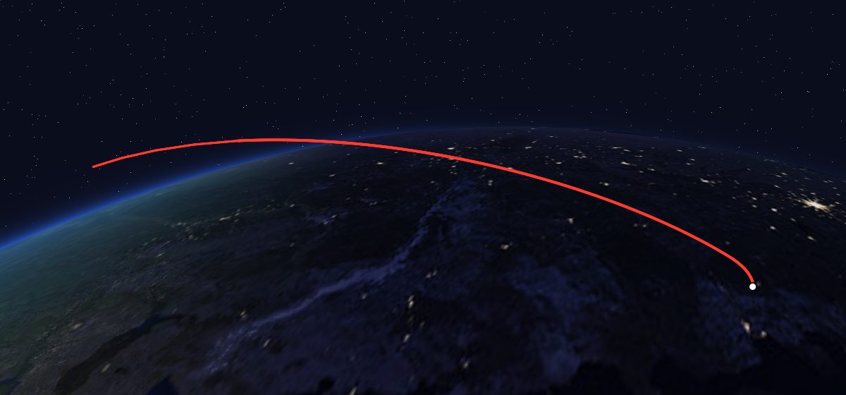 Molniya-2 14: the flight path in 3D, from the pad to orbit, seen from space