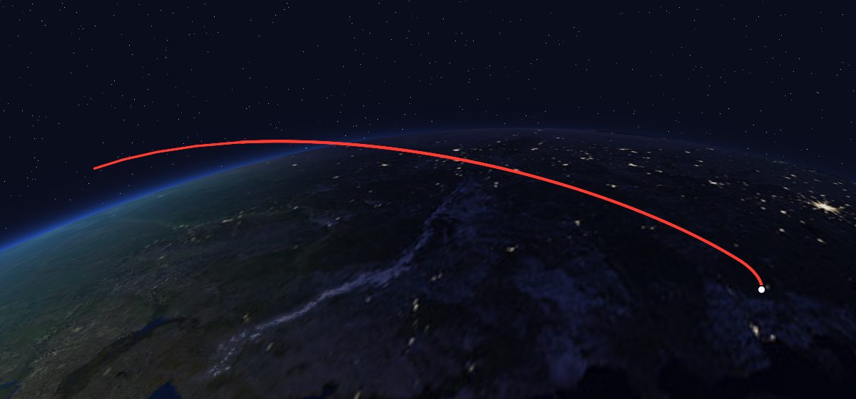 Molniya-1K 42: the flight path in 3D, from the pad to orbit, seen from space
