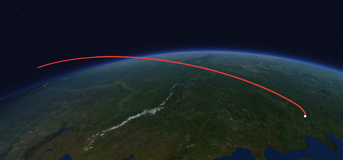 Molniya-1 31: the flight path in 3D, from the pad to orbit, seen from space