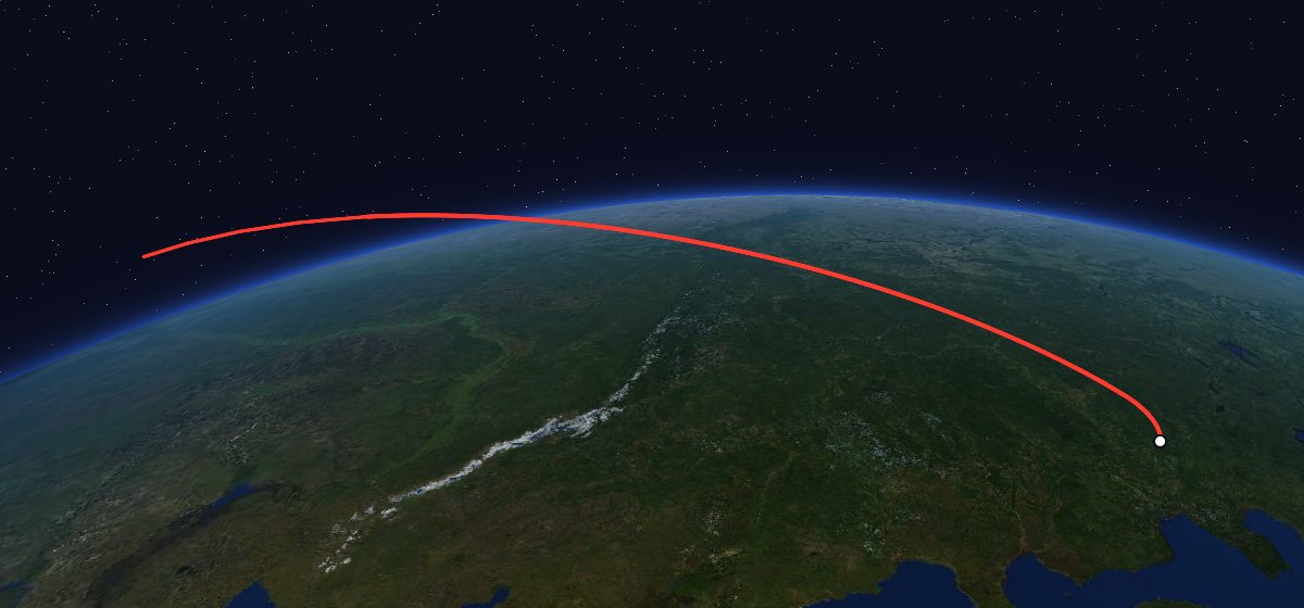 Molniya-1K 36: the flight path in 3D, from the pad to orbit, seen from space