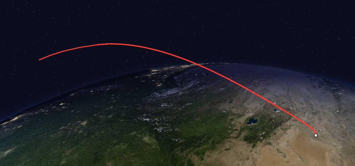 Shi Jian 7: the flight path in 3D, from the pad to orbit, seen from space