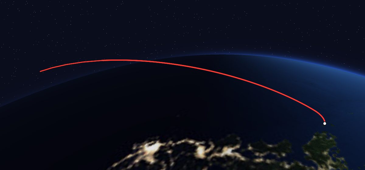 Sakura 2A: the flight path in 3D, from the pad to orbit, seen from space
