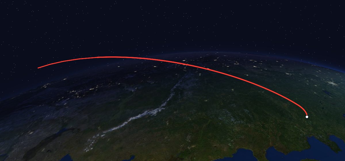 Molniya-1K 50: the flight path in 3D, from the pad to orbit, seen from space