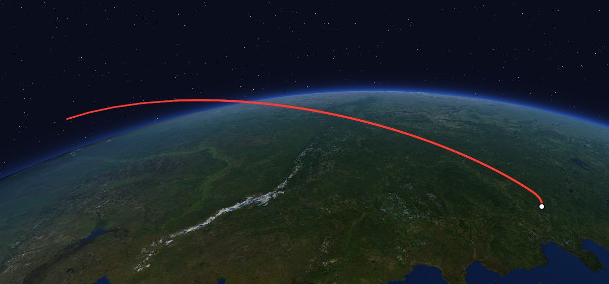 The flight path of Zenit-8 5 drawn on a map