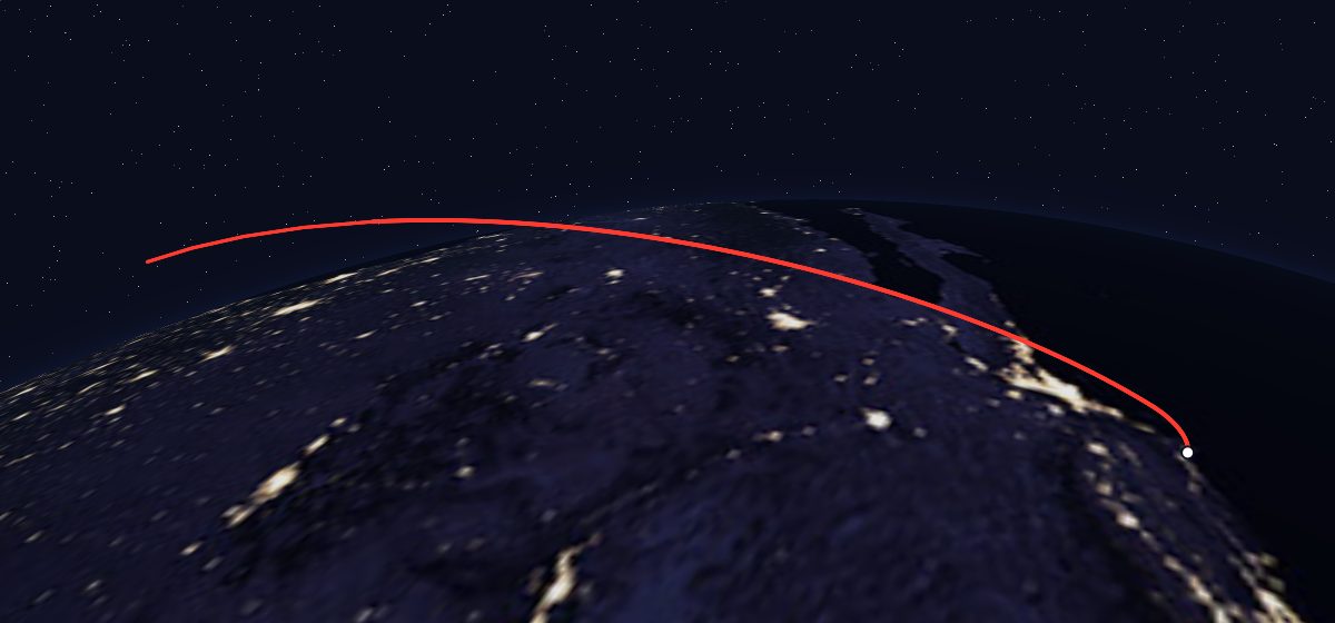 Jumpseat 5: the flight path in 3D, from the pad to orbit, seen from space