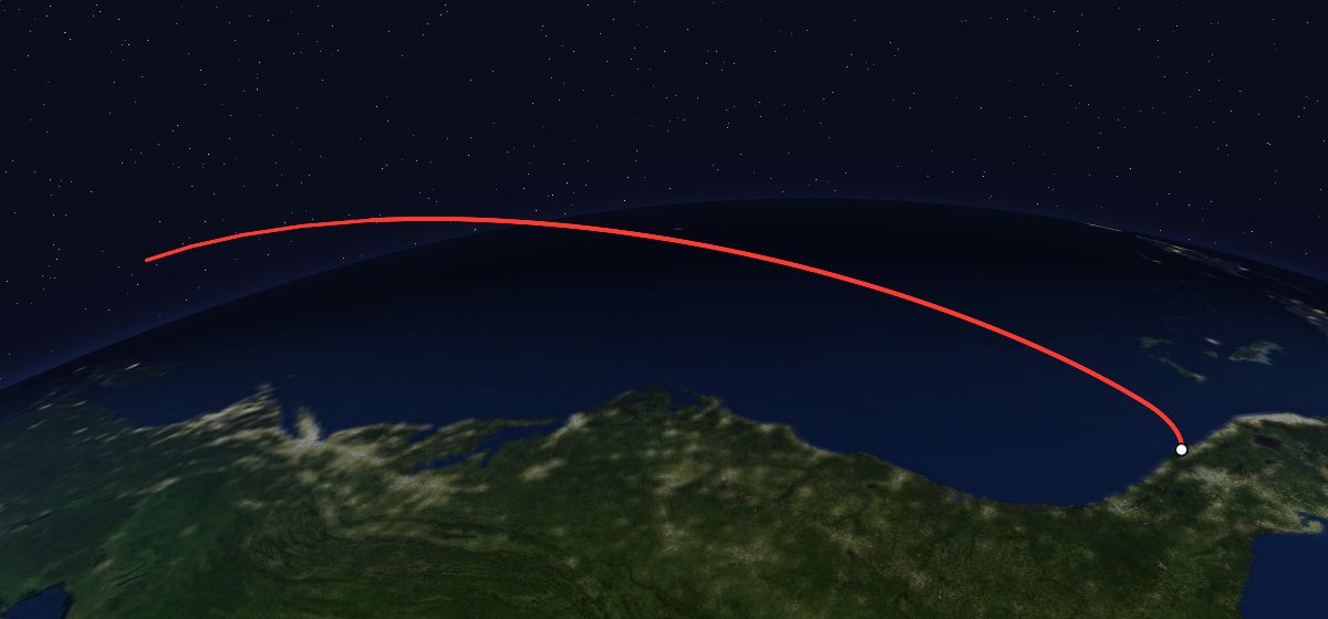 STS-49: the flight path in 3D, from the pad to orbit, seen from space