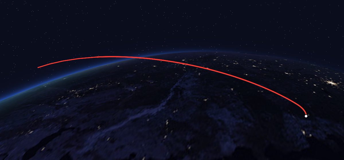 Molniya-2 16: the flight path in 3D, from the pad to orbit, seen from space