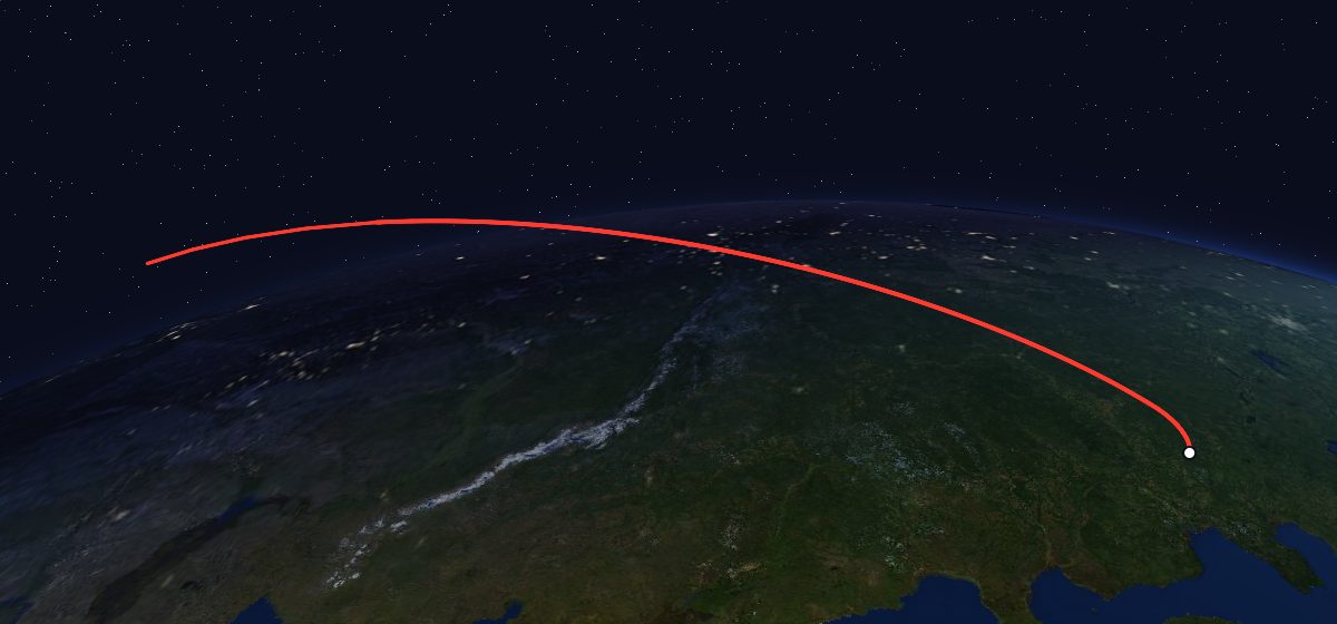 EPN 03.0380 4: the flight path in 3D, from the pad to orbit, seen from space