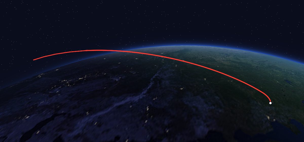 Tselina-D 4: the flight path in 3D, from the pad to orbit, seen from space