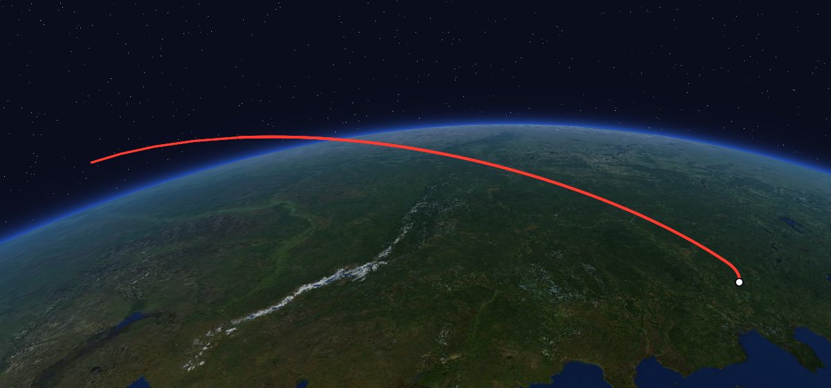 The flight path of Zenit-8 24 drawn on a map