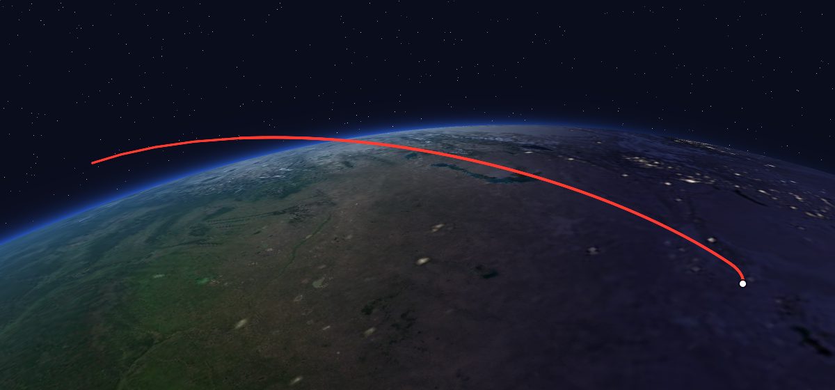 Progress M-53: the flight path in 3D, from the pad to orbit, seen from space