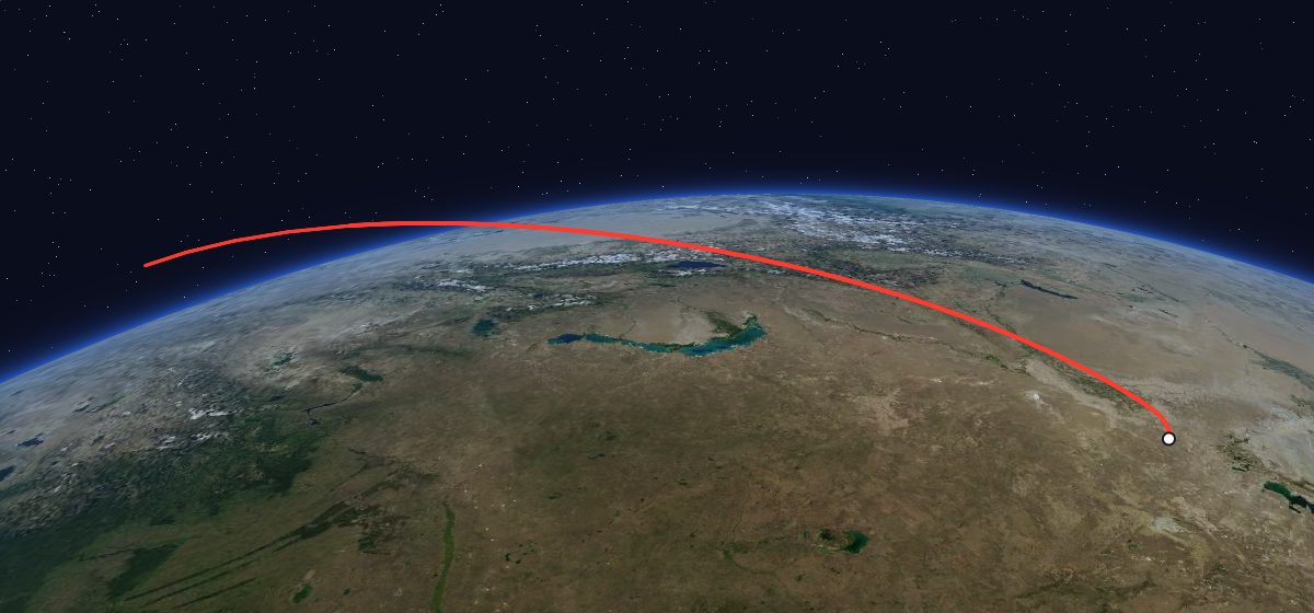 Uragan 48 to 50: the flight path in 3D, from the pad to orbit, seen from space