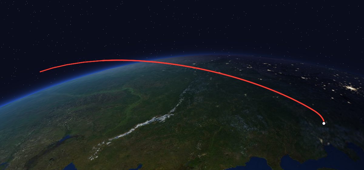 The flight path of Tselina-D 49 drawn on a map